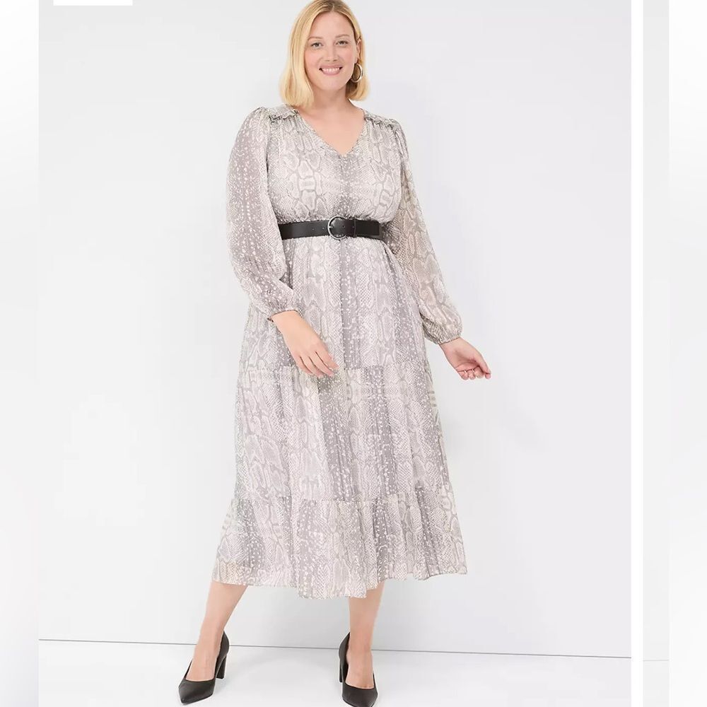 LB 18/20 Silver Gray Shimmery Snake Print Long Sleeve V-Neck Tiered Maxi Dress
